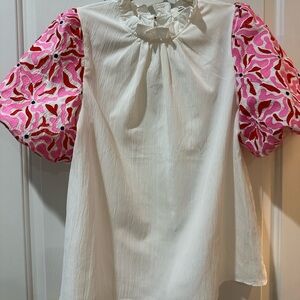 Entro White Blouse with Pink Embroidered Patterned Sleeves